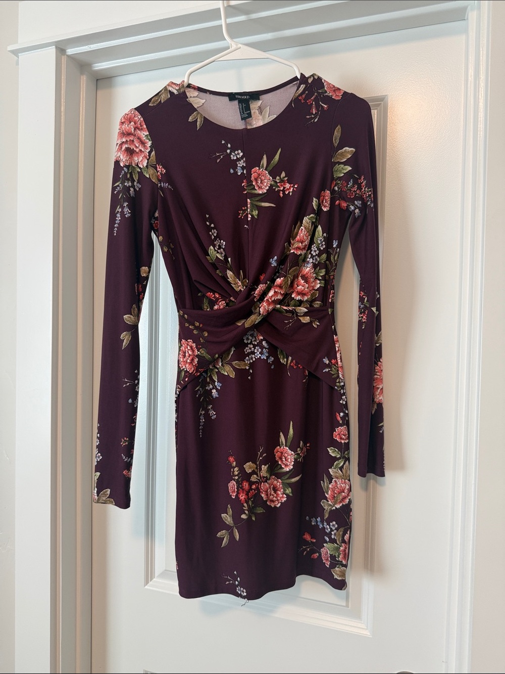 Forever 21 Plum Floral Long Sleeve Twist-Waist Dress